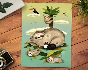 11x14 Sleepy Sloth Print - Fantasy Animal Decor - Whimsical Jungle Art - Travel Art Print - Costa Rica Art - Kids Bedroom Decor - Miyazaki