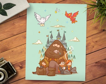 11x14 Boy Wizard Print - Hogwarts Design - Pop Culture Art - Wizard Movie Art - Hagrid Hermione Ron Dobby - Kids Bedroom Decor - Miyazaki