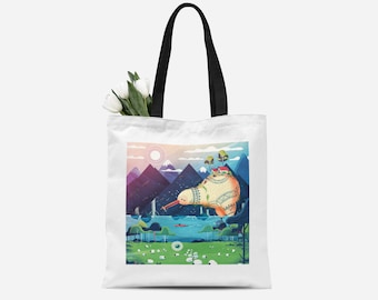 Kiwi Shopping Bag - New Zealand Tote Bag - Mountain Landscape - Animal Canvas Bag - Whimsical Animal Art - Studio Ghibli Art - Gift For Her