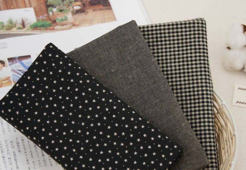 Black Solid and Check and Star Pattern Cotton Fabric set of 3 Fat Quarters bundle