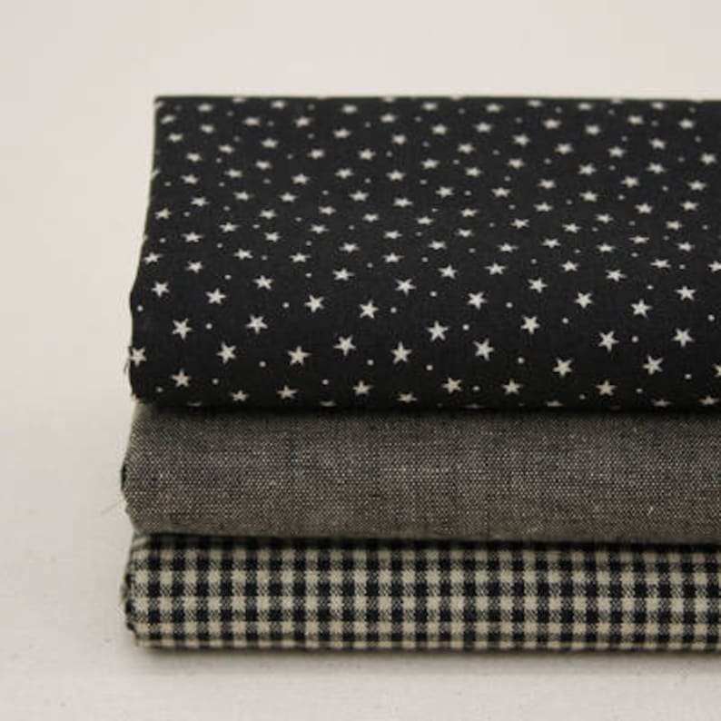 Black Solid and Check and Star Pattern Cotton Fabric set of 3 Fat Quarters bundle