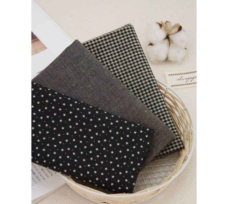 Black Solid and Check and Star Pattern Cotton Fabric set of 3 Fat Quarters bundle