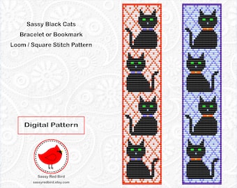 Sassy Black Cats, Bead Loom Bracelet Pattern, DIY Bookmark, Square Stitch Bead Pattern, Beadweaving Tutorial, Happy Birthday Gift for Friend