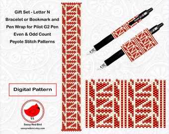 Letter N Gift Set, Peyote Bead Bracelet Pattern, DIY Bookmark, Peyote Bead Pen Wrap Pattern, Happy Birthday Gift for Coworker