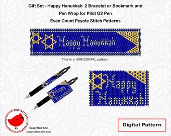 Happy Hanukkah 2 Gift Set, Peyote Bead Bracelet Pattern, DIY Bookmark, Peyote Bead Pen Wrap Pattern, Happy Birthday Gift for Woman