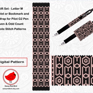 Conjunto de regalo de letra M, patrón de pulsera de cuentas de peyote, marcador de bricolaje, patrón de envoltura de pluma de cuentas de peyote, regalo de feliz cumpleaños para esposa