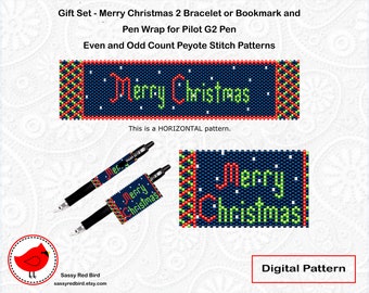 Merry Christmas 2 Gift Set, Peyote Bead Bracelet Pattern, DIY Bookmark, Peyote Bead Pen Wrap Pattern, Happy Birthday Gift for Woman