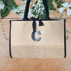 Burlap/jute fashion tote with customize initials.  Gift idea bride,