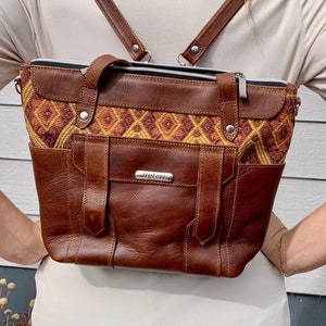 Convertible day bag, leather backpack Diaper bag leather and huipil bag, Guatemalan leather bag, CDB, Convertible leather backpack