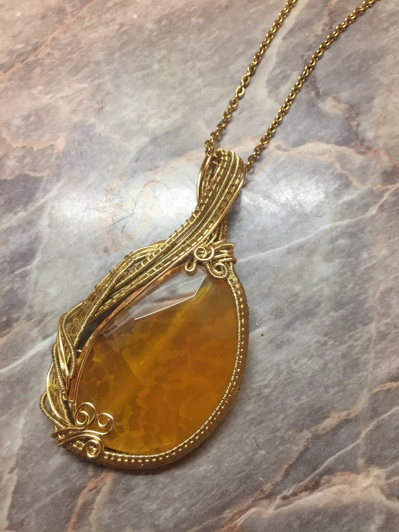 Gold Wire Wrapped Necklace.yellow Agate Stone for Health and Passion