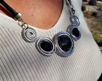 Aluminium Silver Necklace, Statement Necklace, Black Leather Necklace, Wrapped Glass, Spiral Shape Necklace, Black Crystal, Charm Necklace.