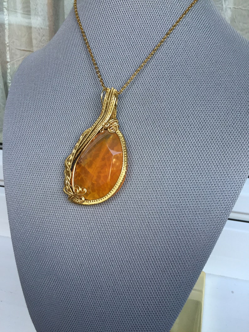 Gold Wire Wrapped Necklace.yellow Agate Stone for Health and Passion