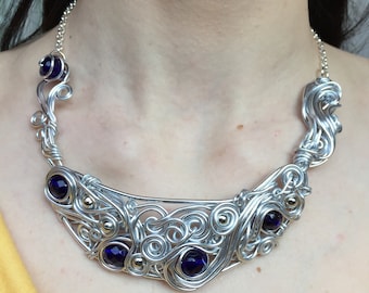 Handmade Royal Blue Czech Crystal Necklace: Aluminum Wire Wrapped Statement Jewelry, Artisan Pendant for Clarity, Calmness, Elegant Style