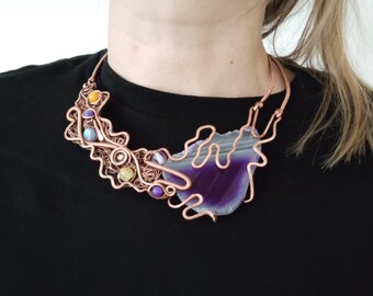 Handgeweven koperdraad agaat ketting - asymmetrische boho-sieraden, handgemaakte ambachtelijke hanger voor balans, rust positieve energie, cadeau voor haar