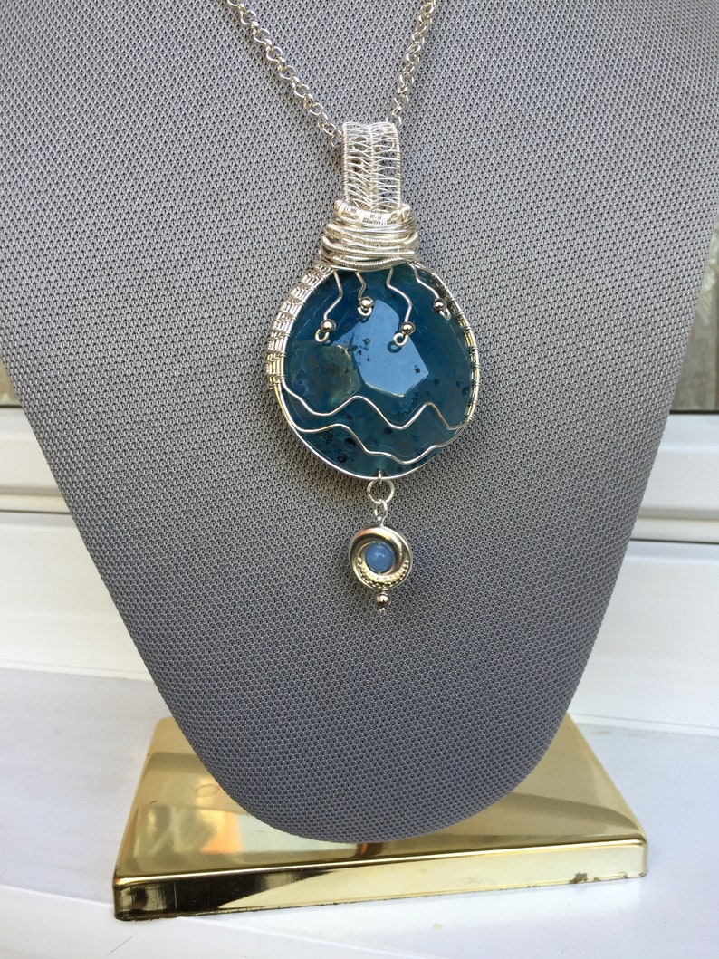 Blue Necklace. Hypoallergenic Chain. Two Sides Pendant. Handmade