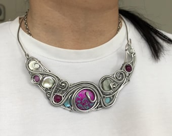 Handmade Wire Wrapped Statement Necklace, Mother of Pearl Jewelry, Pink -Turquoise Pendant, Boho Artisan Necklace, Gift for Her.