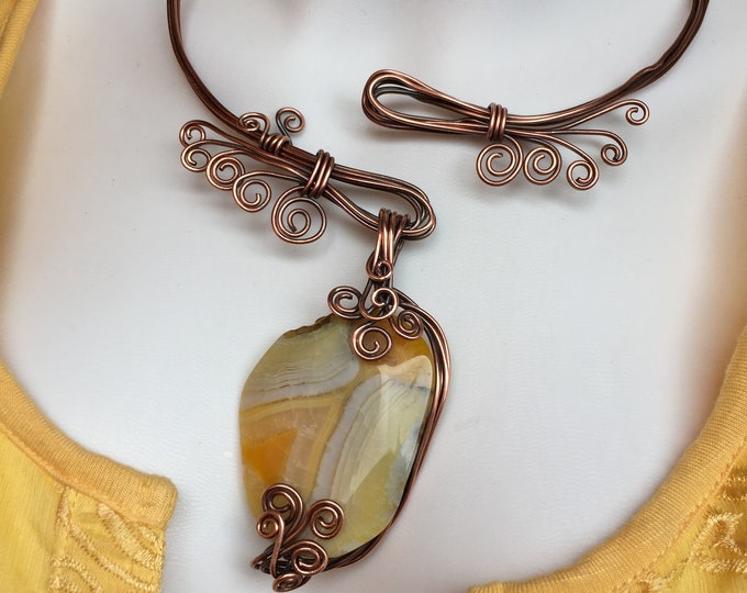 Open Copper Necklace. Yellow Agate Stone for Health and Passion. Wire ...