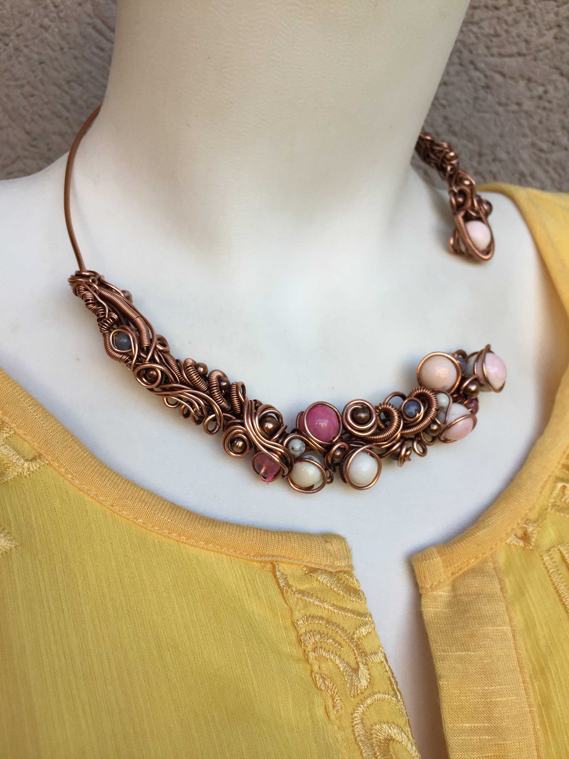 Handmade Necklace of Rose Agate Stone and Copper. Wire Wrapped Jewelry ...