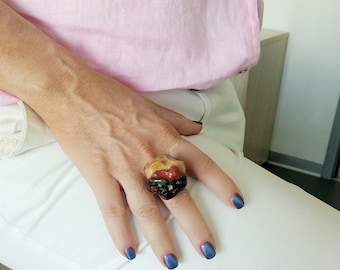 Handmade Polymer Clay Statement Ring with Swarovski Crystal. Luxurious Modern Handmade Ring. Perfect Gift for Her.