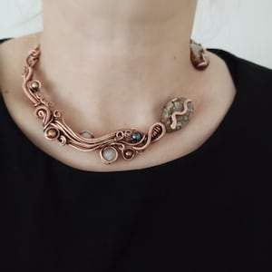 Asymmetric Necklace. Health and Passion. Unique Necklace. Wire Wrapped Jewelry. Copper Necklace.  Agate Ston with Mystic Shining.Beige Brown