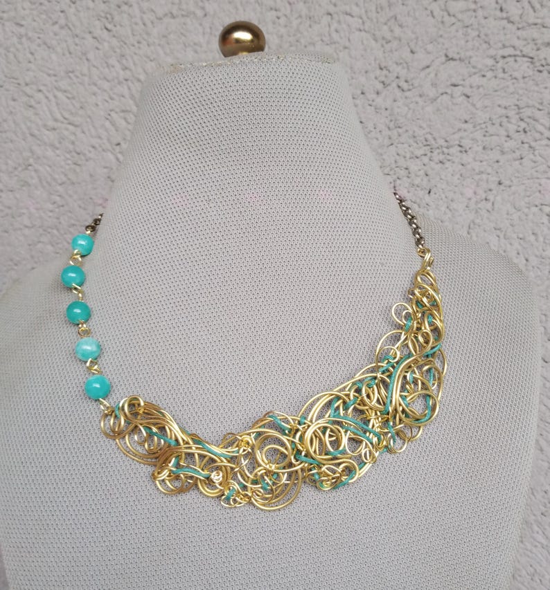 Blue Agate Necklace Wire Wrapped Brass, Boho Statement Gemstone Necklace, Light Blue Agate Pendant, Handmade Artistic Jewelry Gift for Her. image 13