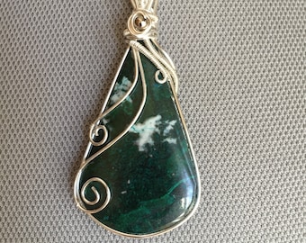 Handmade Silver Wire Wrapped Green Jasper Necklace, Healing Gemstone Jewelry for Strength and Grounding, Gift for Her