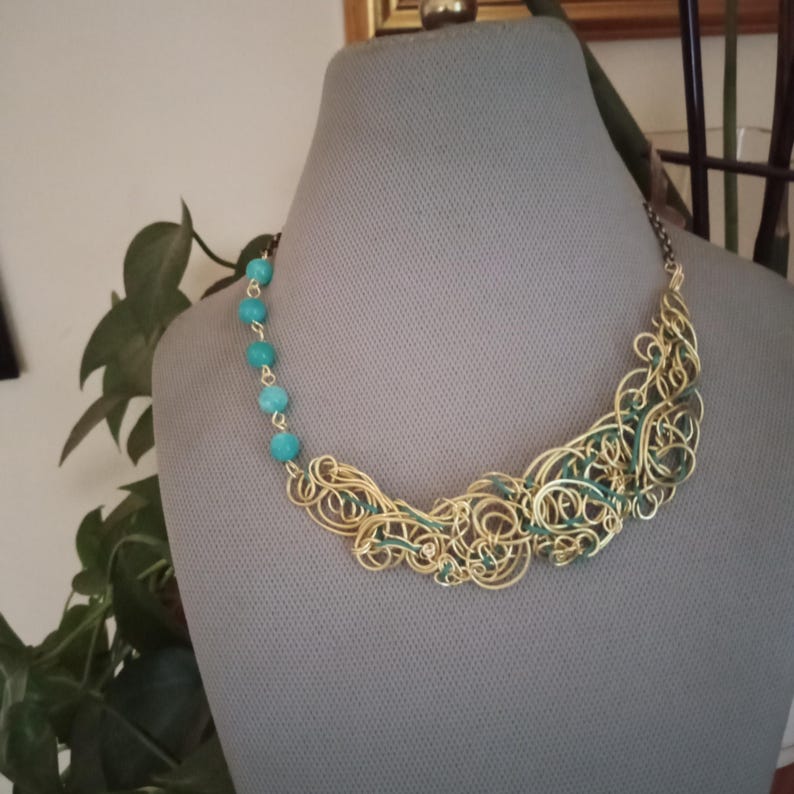 Blue Agate Necklace Wire Wrapped Brass, Boho Statement Gemstone Necklace, Light Blue Agate Pendant, Handmade Artistic Jewelry Gift for Her. image 16