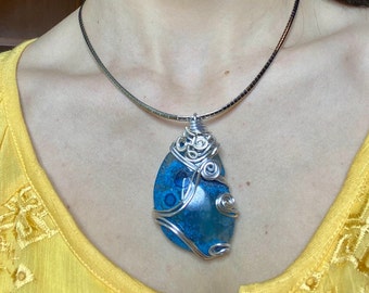 Handmade Blue Agate Pendant Necklace: Silver Wire Wrapped, Surgical Steel Chain. Luxurious Handmade Jewelry. Perfect Gift for Her.
