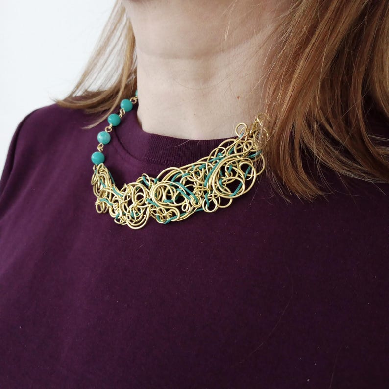 Blue Agate Necklace Wire Wrapped Brass, Boho Statement Gemstone Necklace, Light Blue Agate Pendant, Handmade Artistic Jewelry Gift for Her. image 4