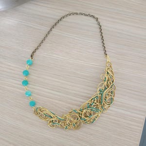 Blue Agate Necklace Wire Wrapped Brass, Boho Statement Gemstone Necklace, Light Blue Agate Pendant, Handmade Artistic Jewelry Gift for Her. image 9