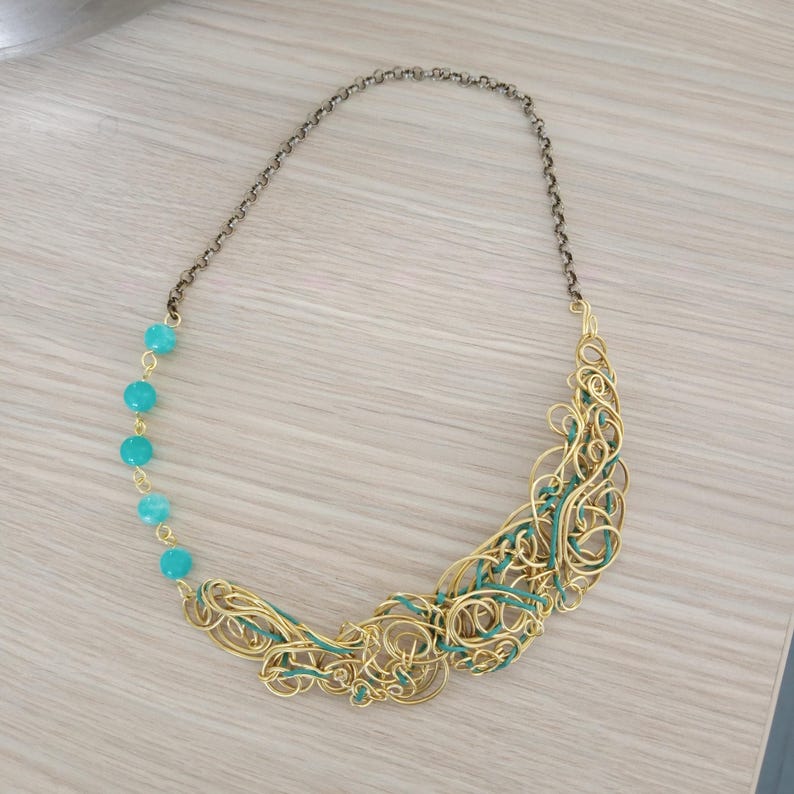 Blue Agate Necklace Wire Wrapped Brass, Boho Statement Gemstone Necklace, Light Blue Agate Pendant, Handmade Artistic Jewelry Gift for Her. image 9