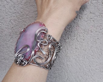Handmade Rose Agate Bracelet: Boho Wire Wrapped Aluminum Cuff, Artisan Jewelry for Love, Calmness, and Harmony, Gift for Her
