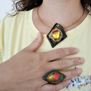SET: Necklace and Ring of Polymer Clay. Handmade Jewelry. Contemporary Polymer Clay Jewelry. Modern Style.  Adjustable Ring. Statement SET.