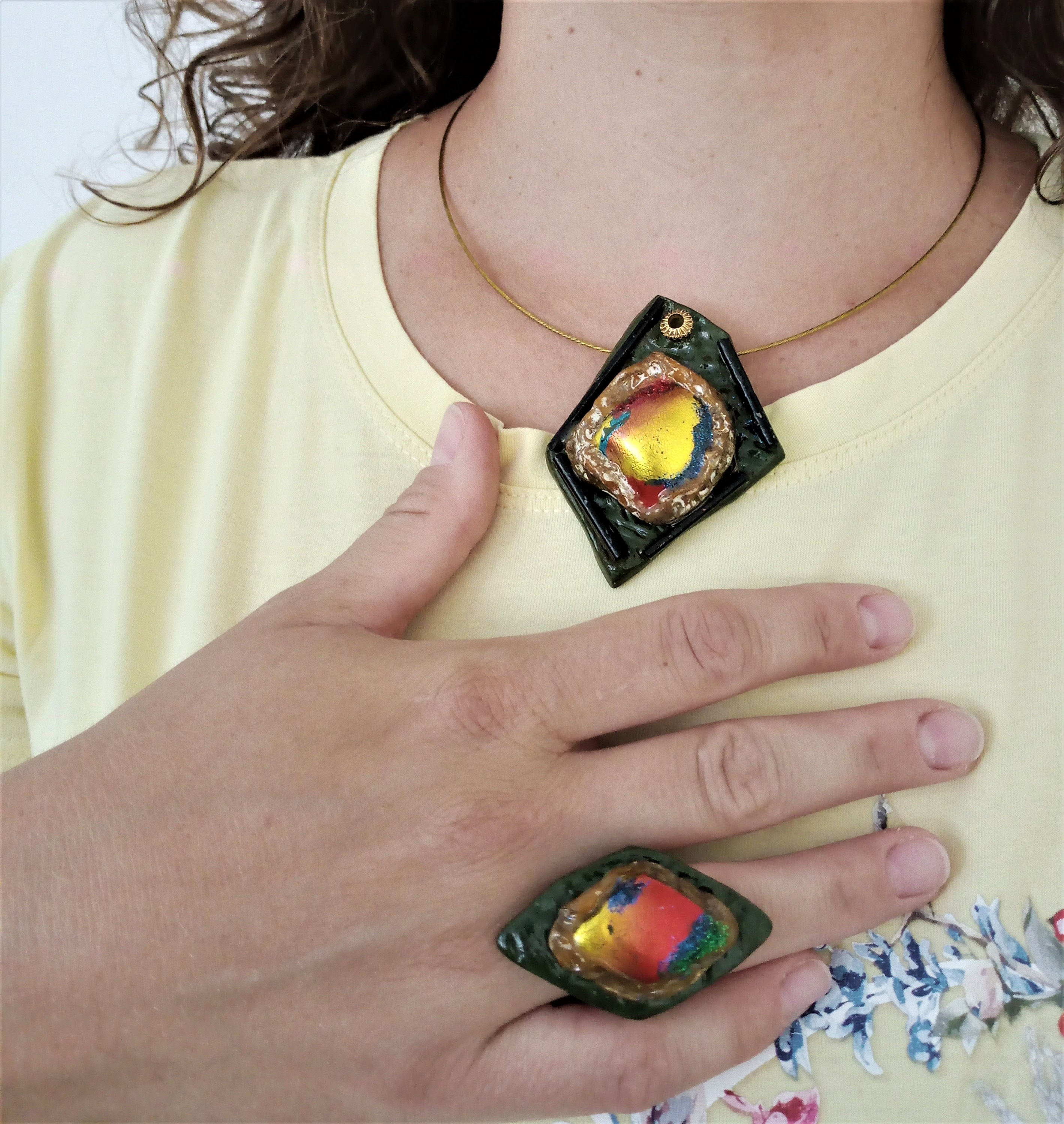 SET: Necklace and Ring of Polymer Clay. Handmade Jewelry. Contemporary Polymer Clay Jewelry. Modern Style.  Adjustable Ring. Statement SET.
