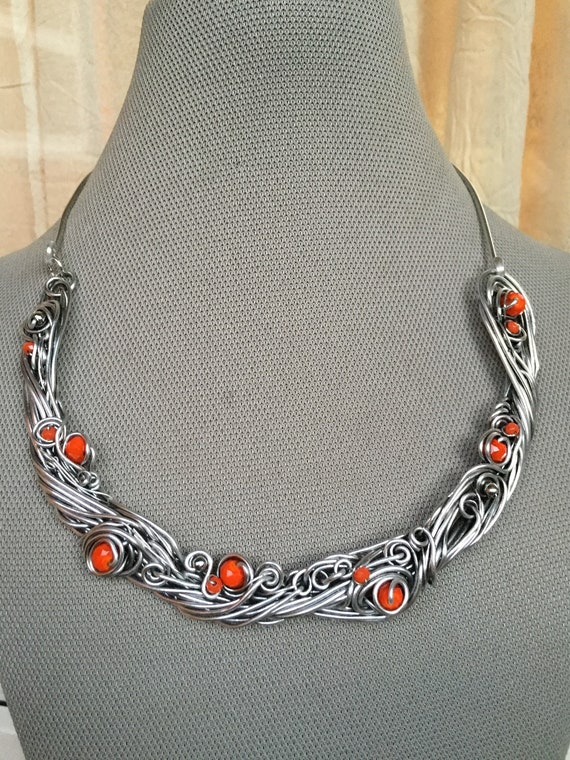Handmade Aluminium Wire Wrapped Necklace: Orange Czech Crystal Beads, Lightweight Modern Jewelry for Creativity and Joy, Gift for Her