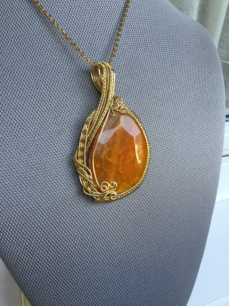 Gold Wire Wrapped Necklace.yellow Agate Stone for Health and Passion