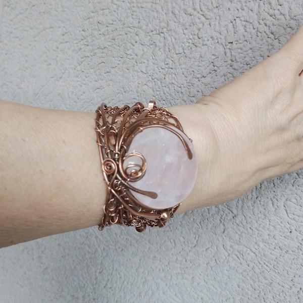 Rose Quartz Copper Cuff Bracelet, Wire Wrapped Statement Bracelet, Handmade Boho Jewelry, Pink Crystal OOAK Gift for Her. Love Stone.