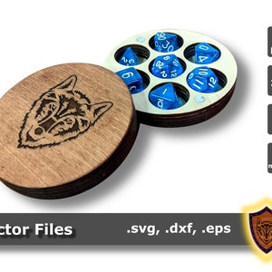 May include: A wooden dice tower with a wolf head design on the lid. The tower is open and shows six blue dice inside. The tower is made of 3mm plywood and uses magnets to close.