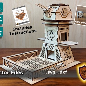 May include: A laser-cut wooden model of a futuristic space tower with a rotating turret on top. The tower has a platform with a grid pattern and is designed for tabletop gaming. The model comes with instructions and vector files in SVG and DXF formats. A free dice file is also included.