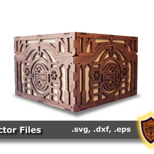May include: A wooden box with a decorative design, featuring a circular cutout with intricate details. The box is made of dark brown wood and has a light brown interior. The box is closed and the lid is slightly ajar. The box is a digital download and includes .svg, .dxf, and .eps files.