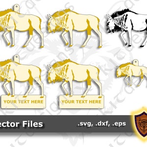 May include: A set of five digital cut files for a wildebeest silhouette. The files are available in SVG, DXF, and EPS formats. The wildebeest is shown in a light yellow color with a black outline. The text "YOUR TEXT HERE" is displayed on a white rectangle below the wildebeest.