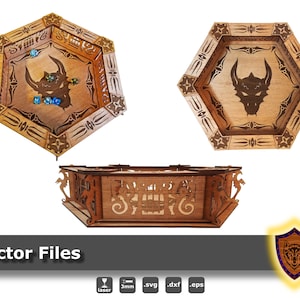 May include: A wooden hexagonal dice tray with a dragon head design and a raised border. The tray has a dark brown stain and is designed to hold dice. The tray is shown with dice inside.