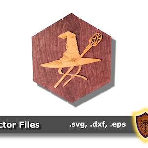 May include: A wooden hexagon-shaped sign with a laser-cut design of a wizard's hat and staff. The hat is brown and the staff is gold. The sign is on a white background.