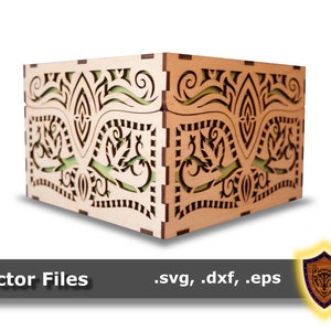 May include: A wooden box with intricate laser cut designs. The box is made of light wood with a brown stain and features a green floral pattern.