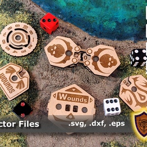 Laser cut Counters and Trackers - Wounds, Score, Health, Damage, Poison, HP (vector files) digital download