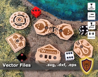 Laser cut Counters and Trackers - Wounds, Score, Health, Damage, Poison, HP (vector files) digital download