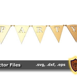 以下が含まれることがあります： 三角形に「PARTY」の文字がくり抜かれた木製パーティーバナー。バナーは紐でつなげられています。
