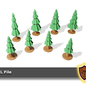 May include: Eight 3D printed green pine trees with brown bases. The trees are arranged in a random pattern on a white background.  .STL File