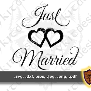 May include: Black and white graphic design with the text "Just Married" and two intertwined hearts. The design is suitable for use as a wedding announcement, invitation, or decoration.