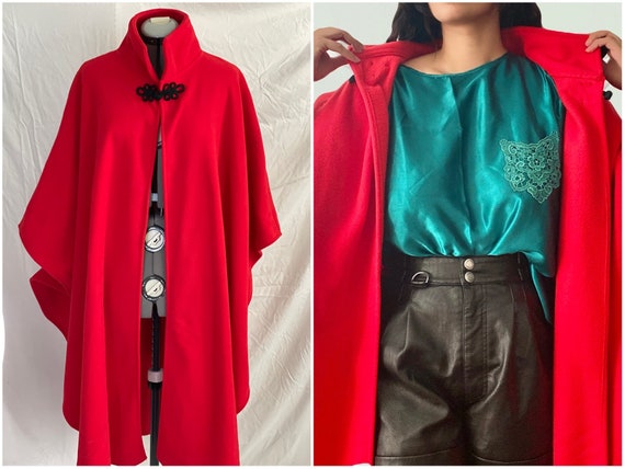 1980s red fleece cape coat | overcoat red jacket